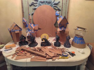 Cardboard mockup of Halloweentown ready for gingerbread baking