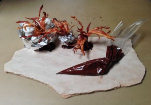 Assembling the bacon trees with melted chocolate