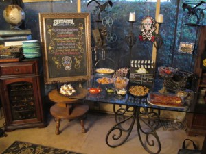 Festive patio food table & menu chalkboard