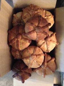 27 loaves of decorative Pan de Muertos from almost 50 pounds of flour