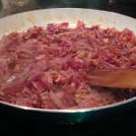 Caramelizing red onions with cooked bacon in hard apple cider homebrew