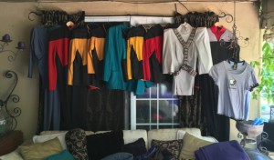 Some of my Trek costumes and tshirts on display